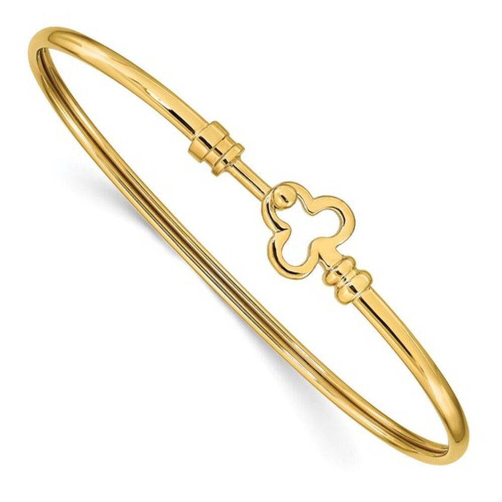 14k Yellow Gold Polished Clover Flexible Bangle Bracelet Irish shamrock Luck
